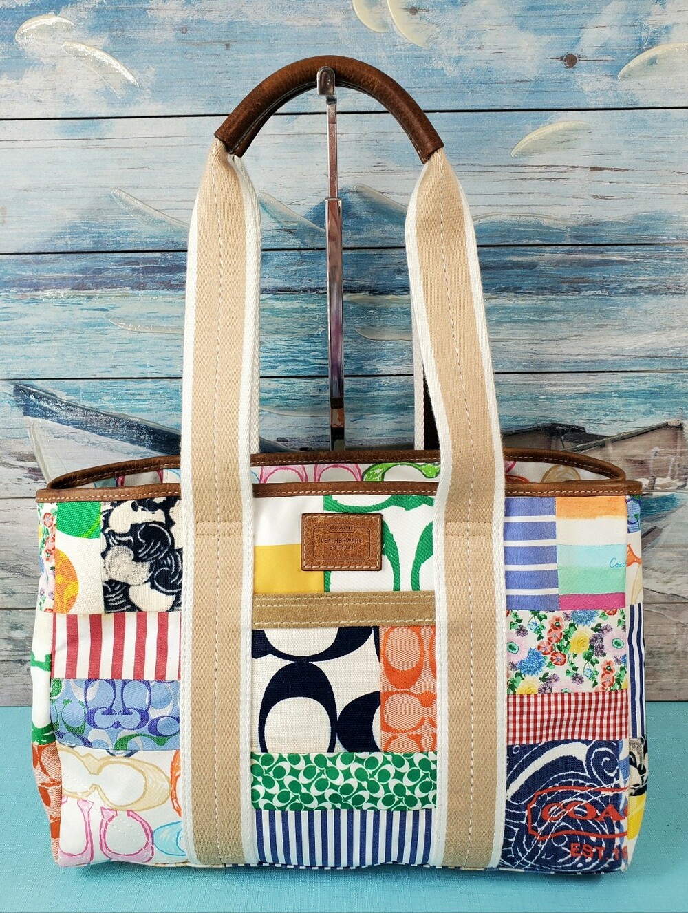 Vintage Coach Hamptons Weekend Signature Multicolor Patchwork Tote 10454
